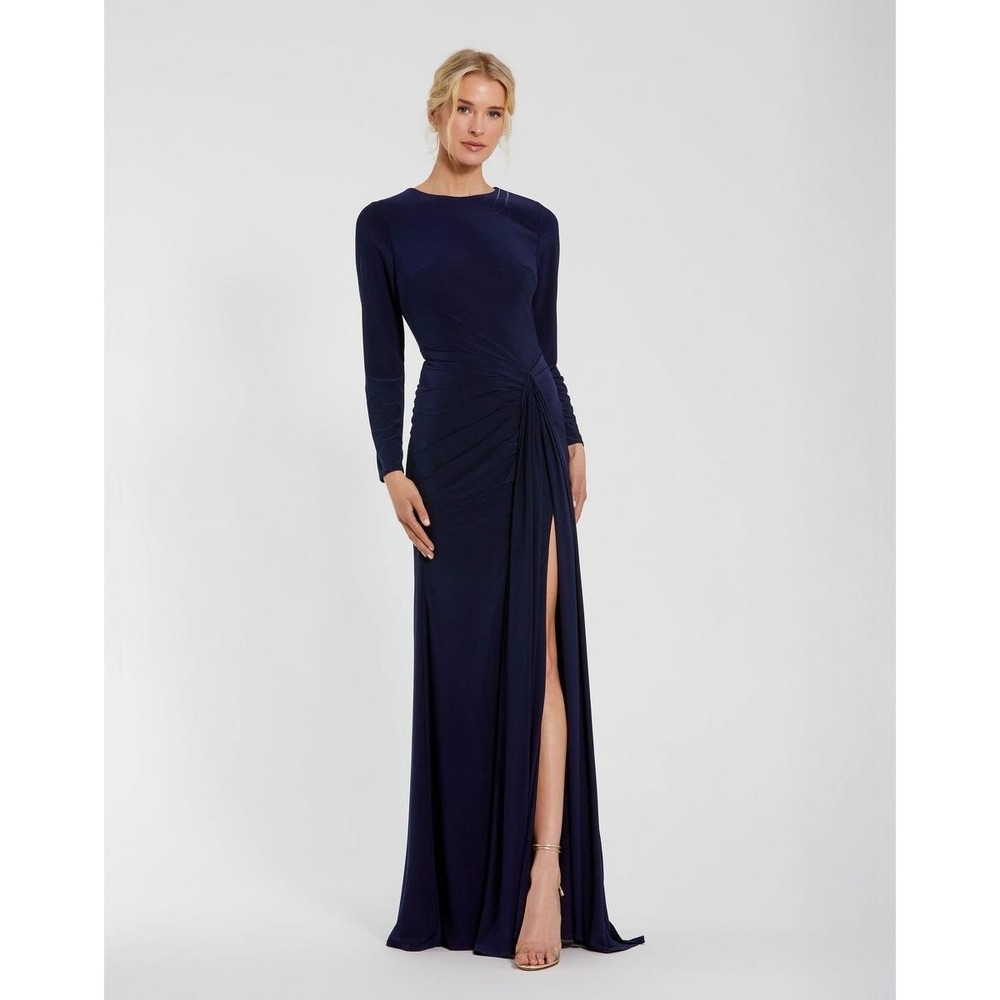 Ieena for Mac Duggal Midnight Navy Long Sleeve Ruched Jersey Gown 44070 MID M
